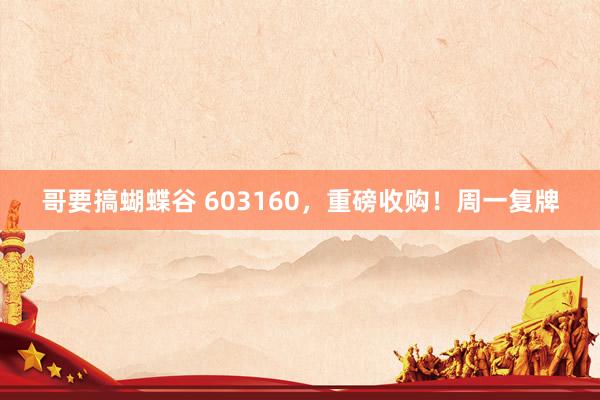 哥要搞蝴蝶谷 603160，重磅收购！周一复牌